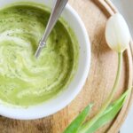 This delicious creamy asparagus soup is dairy-free and a healthy and fresh option for comfort food. #asparagusrecipes #souprecipes #asparagussouprecipe
