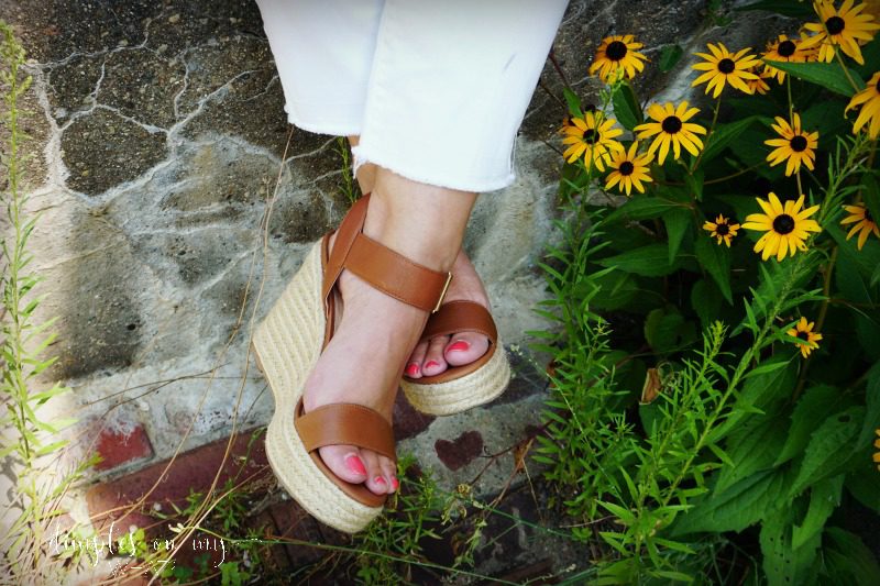 Cognac wedge sandals pair perfectly with a white outfit. This nail polish is OPI 