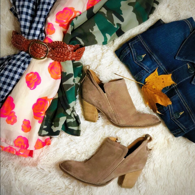 Fall fashion flatlay || Ageless Style || gingham, floral and camo is a perfectly unexpected pairing