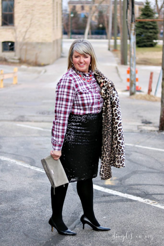 Sequin skirt, Plaid shirt and Leopard Print Faux Fur Coat; One Sequiin Pencil Skirt Styled 3 Ways; How to Wear a Sequin Skirt; Fashion over 50; Office wear for women over 50; Office wear for curvy women