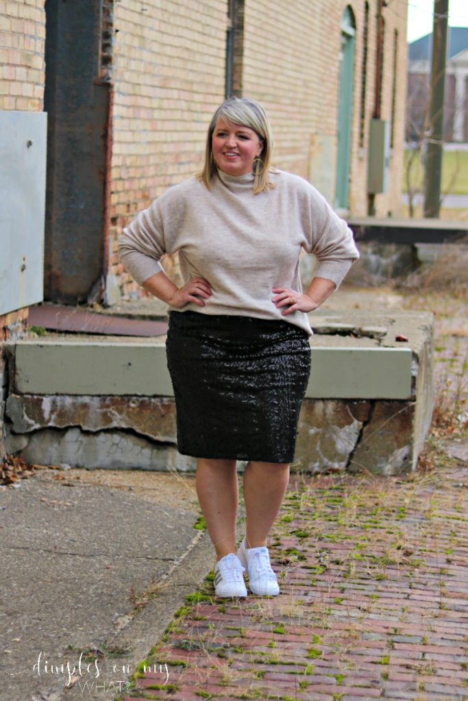 How to style a sequin skirt for casual wear; Sequin skirt and casual sweater and sneakers; Curvy casual fashion; Plus Size fashion; Fashion for women over 50
