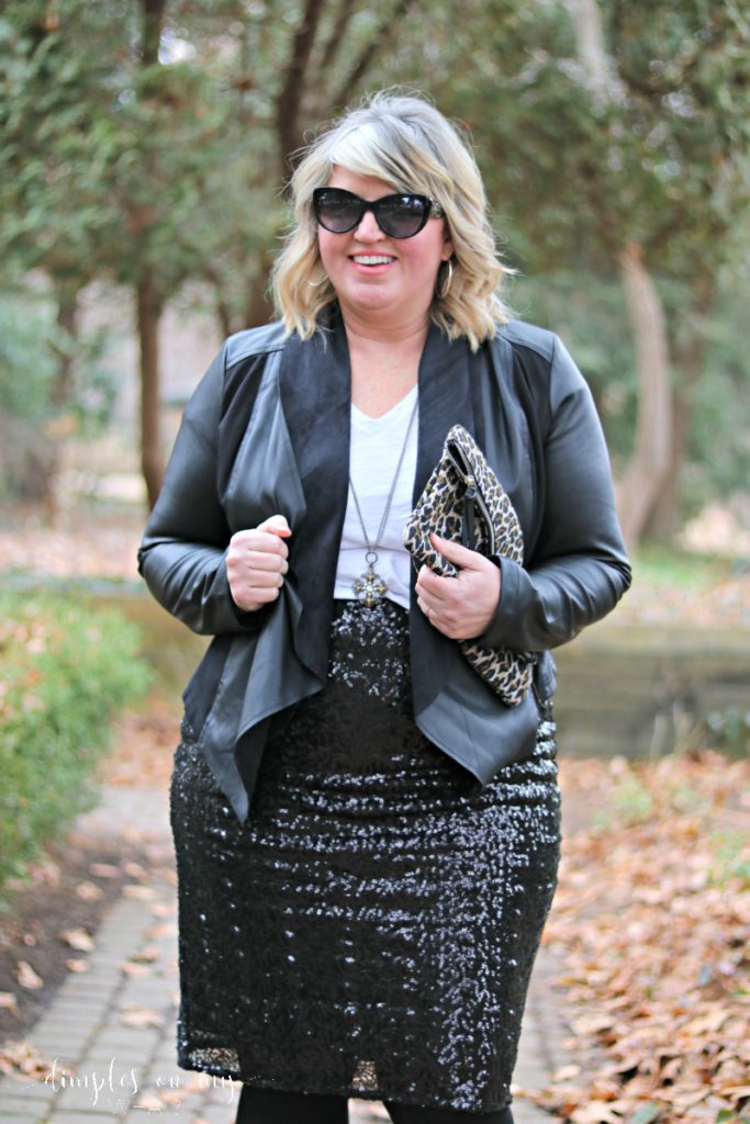 Sequin Pencil Skirt, Faux Leather Jacket and Booties; Date Night Attire for women over 50; Fashion for Curvy Women Over 50; How to style a sequin pencil skirt 3 ways