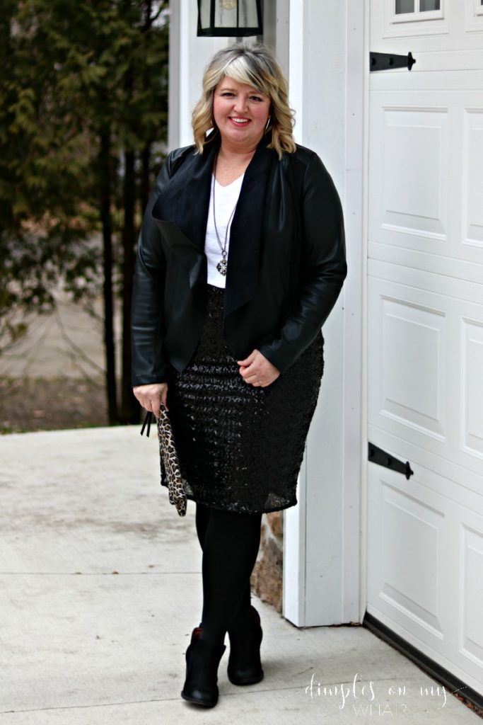 Sequin Pencil Skirt, Faux Leather Jacket and Booties; Date Night Attire for women over 50; Fashion for Curvy Women Over 50; How to style a sequin pencil skirt 3 ways