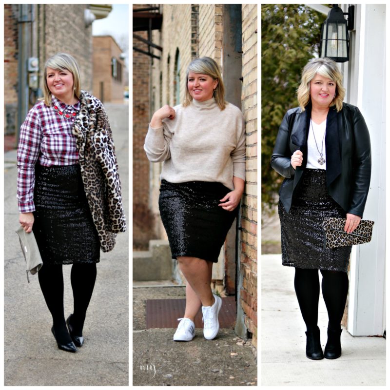 How to wear a sequin pencil skirt 3 different ways; Curvy woman in a Sequin Pencil Skirt