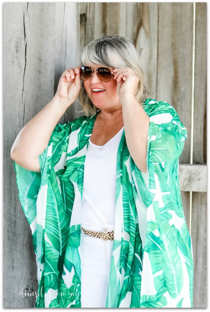 How to let a statement fashion pieces make the biggest statement || full figure fashion || plus size fashion || kimono style || palm print kimono over white tank and white jeans || ageless style || fashion for women over 50