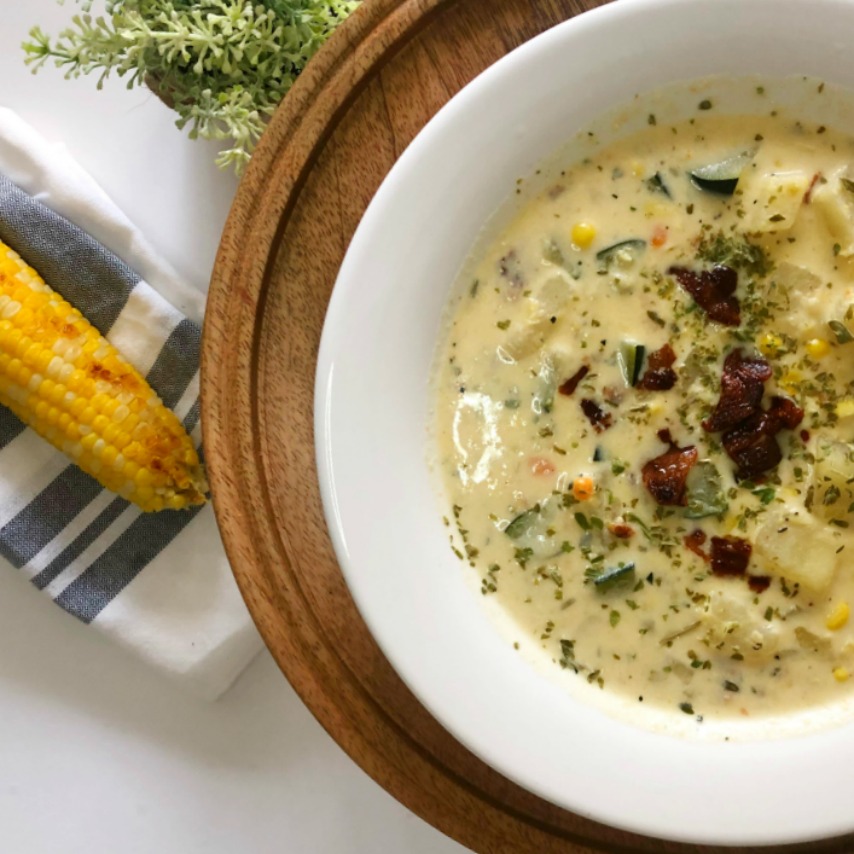 Fresh and creamy CORN CHOWDER lightened up for a sweet and savory summer soup!