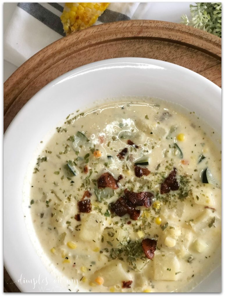 Summer Creamy Corn Chowder - a delicious, lightened up version of a sweet, creamy chowder, loaded with fresh vegetables. Fresh AND comforting!