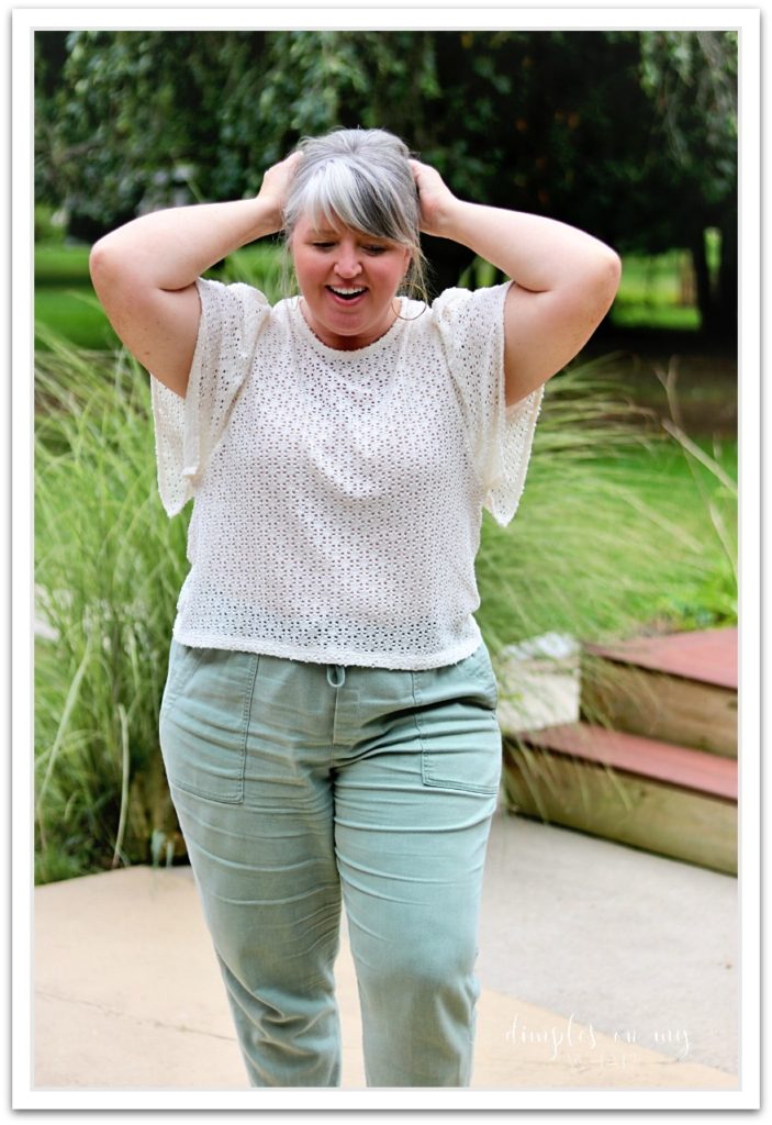 Madewell Lace Blouse & Twill Joggers  ||  Fashion for women over 40   ||  Plus-size fashion for midlife women  ||  Gray hair transitions