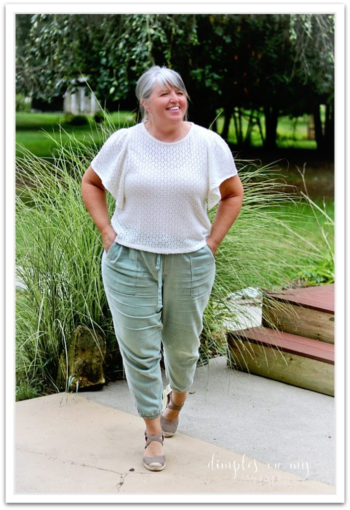 Madewell Lace Blouse & Twill Joggers  ||  Fashion for women over 40   ||  Plus-size fashion for midlife women  ||  Gray hair transitions