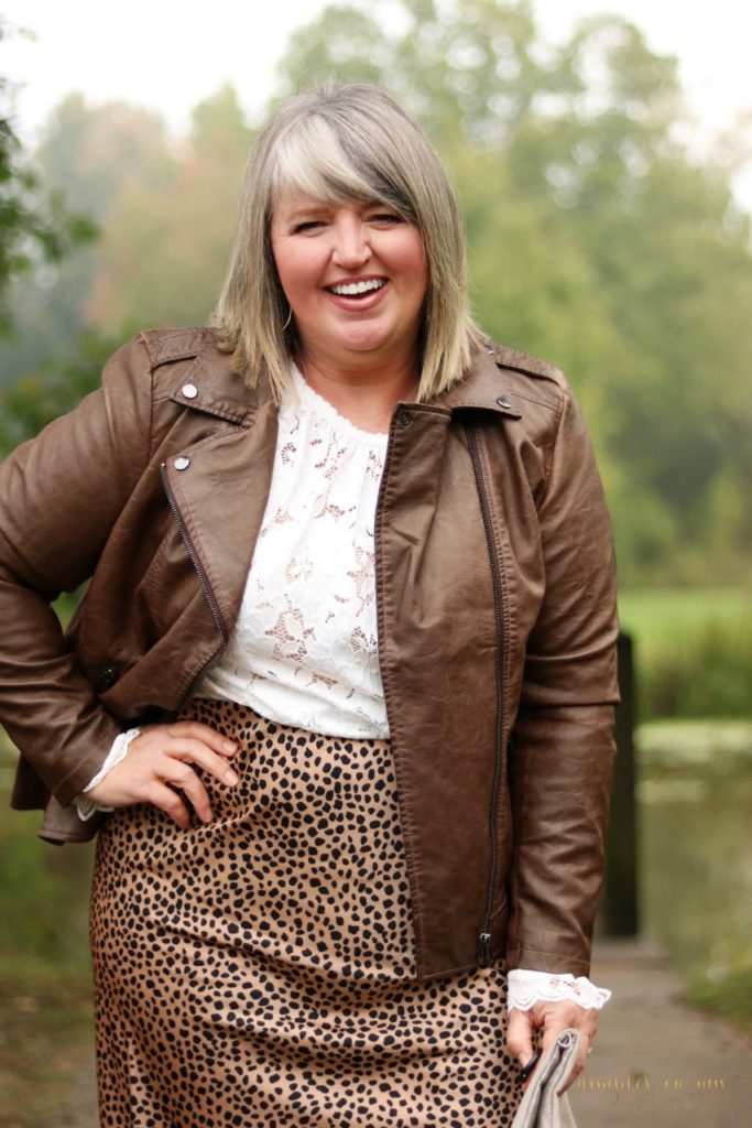 Leopard Print Skirt, lace blouse and faux leather moto jacket  ||  fall fashion  ||  Ageless Style  || Fashion for women over 50  ||  Full-Figured Fashion  ||  Plus Size Fashion
