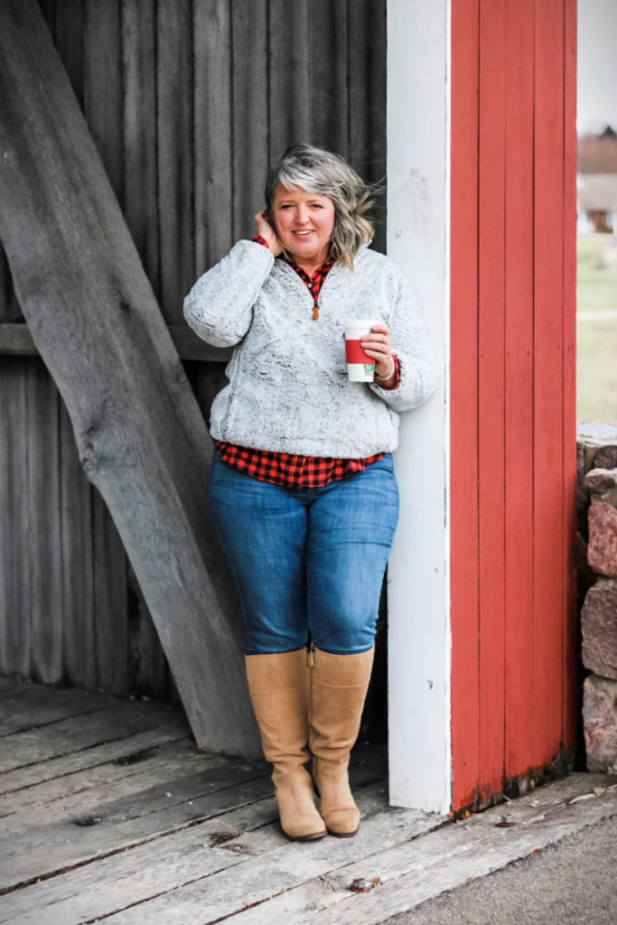 Cozy sherpa pullover from Chic Soul  ||  Fall fashion for plus size women  |  Plus size sherpa pullover with jeans and boots