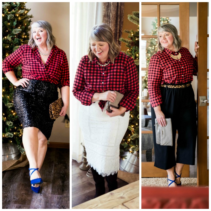 One flannel buffalo plaid shirt styled for THREE party looks! #plussizefashion #partyfashionforwomenover50 #holidaypartystyle
