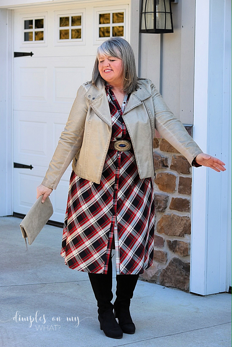 Plaid for transitional weather; plaid H&M Dress; Plaid for spring; plus size fashion; fashion for curves; plaid midi dress with faux leather jacket; wide calf boots