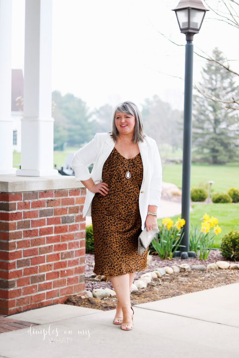 This inexpensive plus-size slip dress looks like a million bucks style with a white boyfriend blazer and heels. But it's equally as good styled casually. Here are 7 other ways to style a plus-size leopard print slip dress.