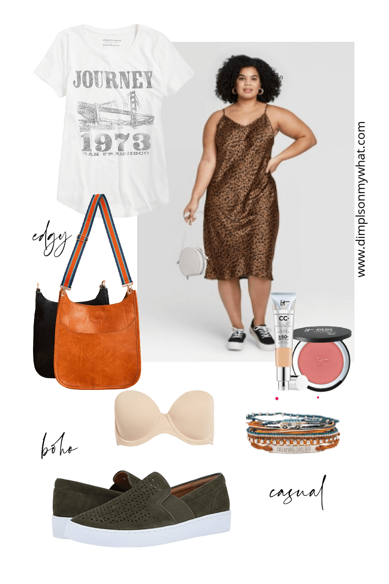 A plus-size slip dress and graphic tee create a plus-size casual, daytime look is perfect for running errands or taking your kids or grandkids to school.  
