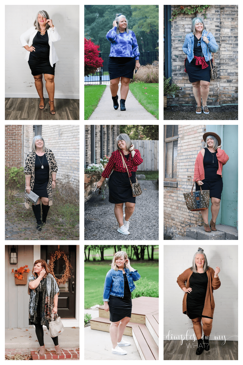 Here are nine ways to style one black  t-shirt dress. From day to night and everywhere in between your return on investment is crazy good.  #lbd #blackdress #plussize #blacktshirtdress #leithblackdress #midsize