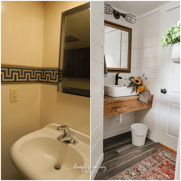 This before and after basement bathroom renovation will have you ooo-ing and aah-ing over the budget friendly potential of your own spaces. #bathroom #basementbathroom #bathroomrenovation #modernfarmhousedecor #modernfarmhousebathroom #carsiding #carsidingbathroom #sherwinwilliamsalabaster #cottagechic #cottagechicbathroom