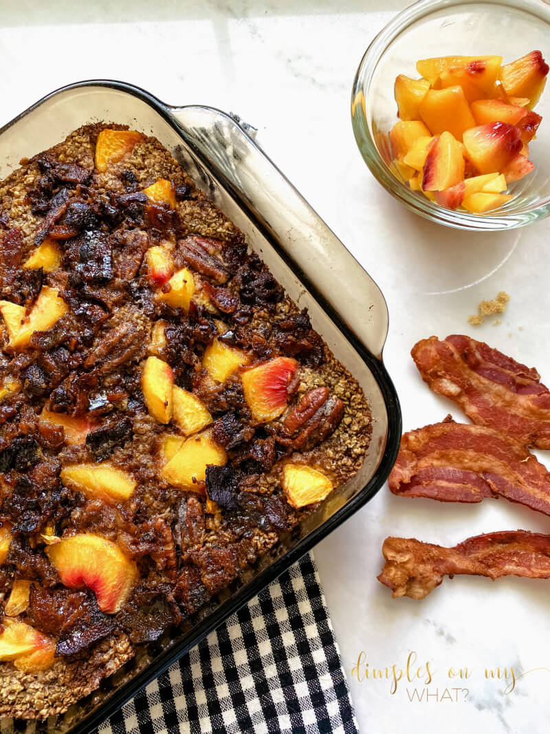 This Peach Baked Oatmeal combines tart peaches with sugar sweetened bacon for a unique twist on a brunch favorite.