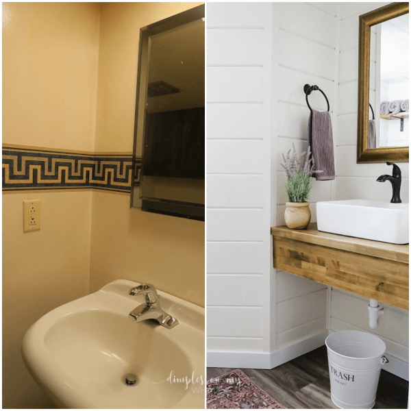 How we created a modern  farmhouse bathroom retreat in dingy basement bathroom. Where we splurged and where we saved.  #bathroom #bathroomremodel #diybathroomremodel #carsiding #shiplapbathroom #bathroomdecor #bathroomdecorideas #luxuryvinylplank #sherwinwilliamsalabaster #smallvesselsink