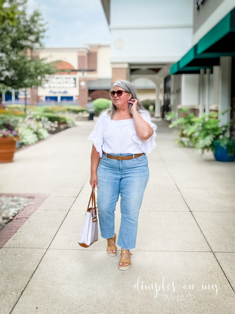 No Buy July and a plus size denim and white blouse outfit. #inspiredliving #choosejoy #plussizefashion #plussize #plussizeover50 #midsize #midsizefashion #whitesquareneckblouse #straigtlegjeans #straightleganklejeans 