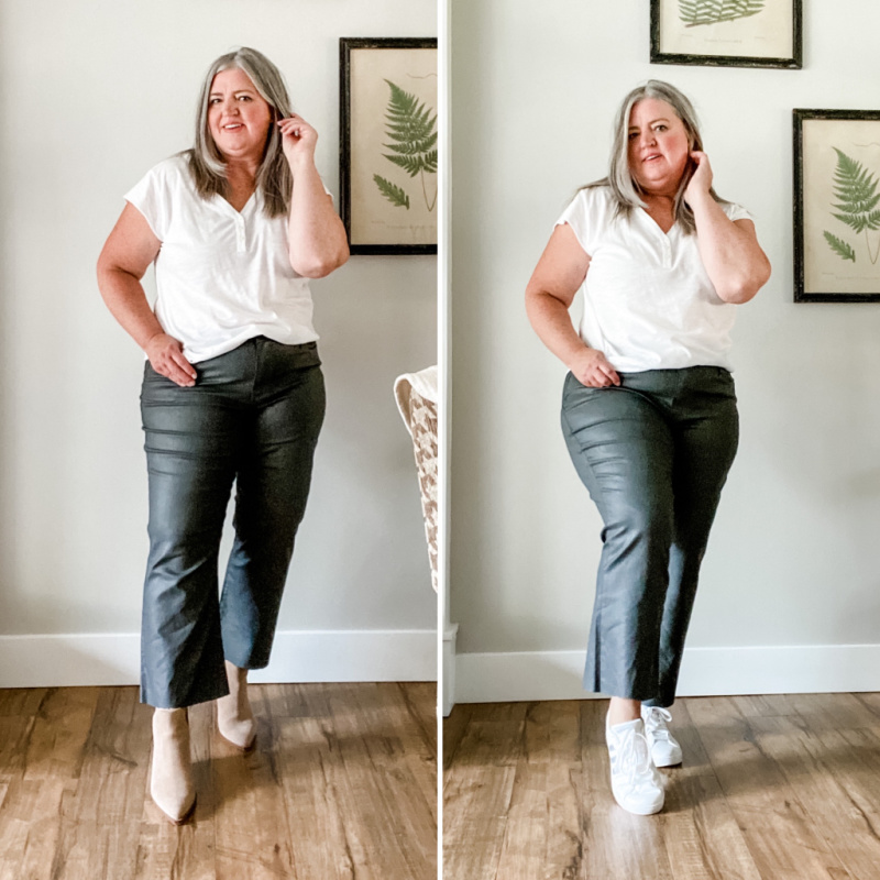 Here are 6 ways to style faux leather ankle flare jeans for fall and winter. Ankle flare jeans look great on a curvy figure. Not only will they flatter your curves  but they will give you a boost in confidence.   #midsizeoutfits #midsizefalloutfits #fauxleatherjeans #ankleflarejeans #ankleflarejeansoutfitideas #fashionover50 