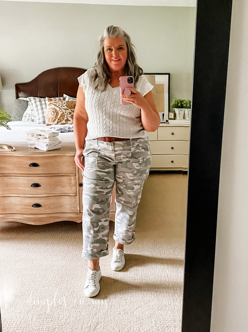 Camo ulitity pants in a size 18 and a sweater vest round out this midsize outift for fall. Add a long sleeve shirt for cooler temps.  #midsizeouts #midsizeoutfitsforfall #midsizeoutfitsfall #midsizeoutfitsfall2021 #midsizecamopant #over50fashion #over50style