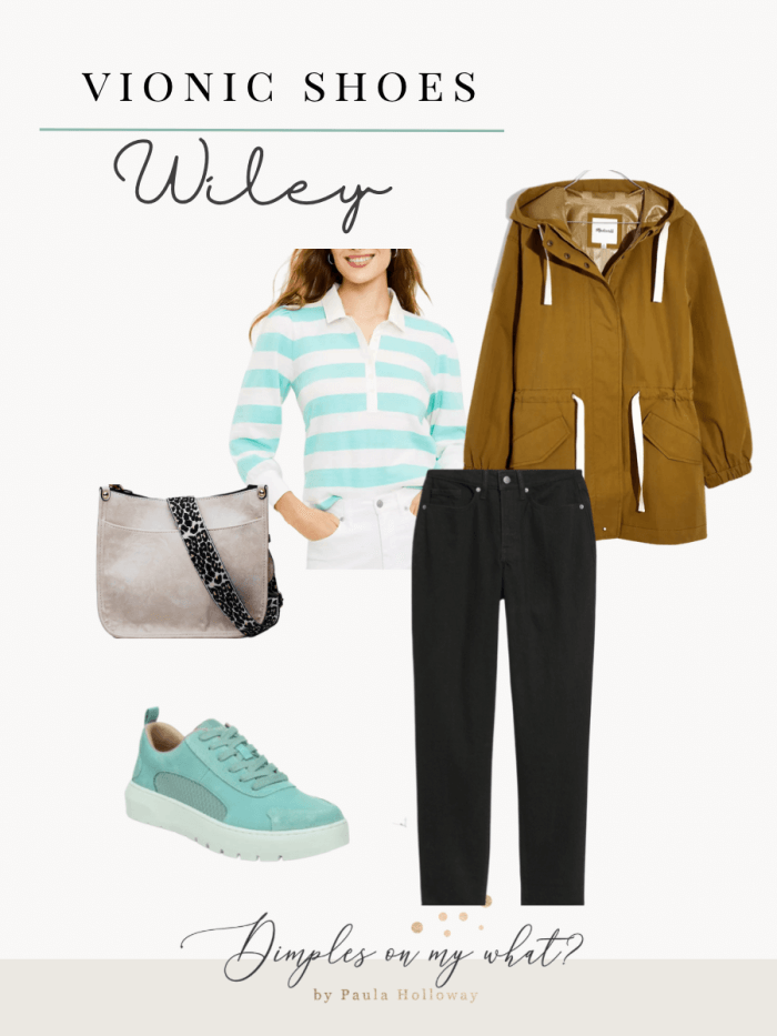 8 outfit ideas for women for how to wear turquoise sneakers. #vionicshoes #inmyvionics #vionicwileywasabi #howtowearturquoisesneakers #whattowearwithturquoiseshoes