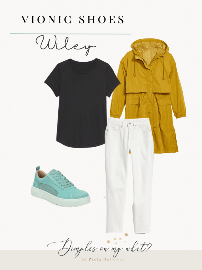 8 outfit ideas for women for how to wear turquoise sneakers. #vionicshoes #inmyvionics #vionicwileywasabi #howtowearturquoisesneakers #whattowearwithturquoiseshoes