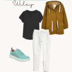 Turquoise and Mustard 8 outfit ideas for women for how to wear turquoise sneakers. Turquoise, navy, and dusty pink. #vionicshoes #inmyvionics #vionicwileywasabi #howtowearturquoisesneakers #whattowearwithturquoiseshoes