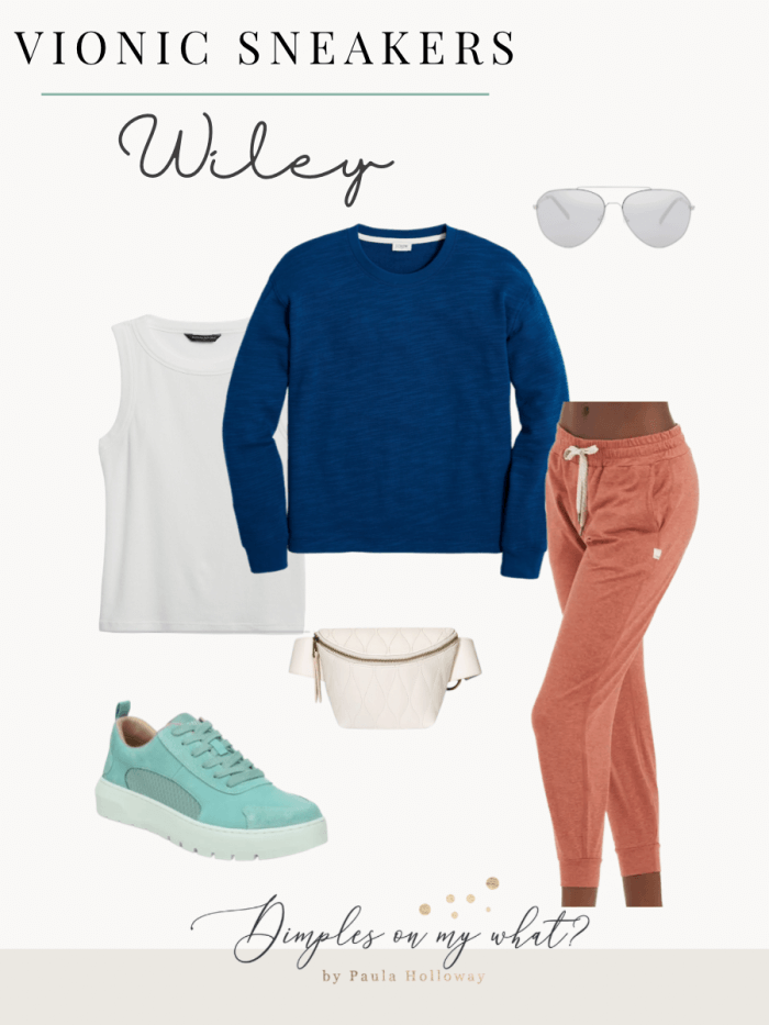 8 outfit ideas for women for how to wear turquoise sneakers. Turquoise, navy, and dusty pink. #vionicshoes #inmyvionics #vionicwileywasabi #howtowearturquoisesneakers #whattowearwithturquoiseshoes