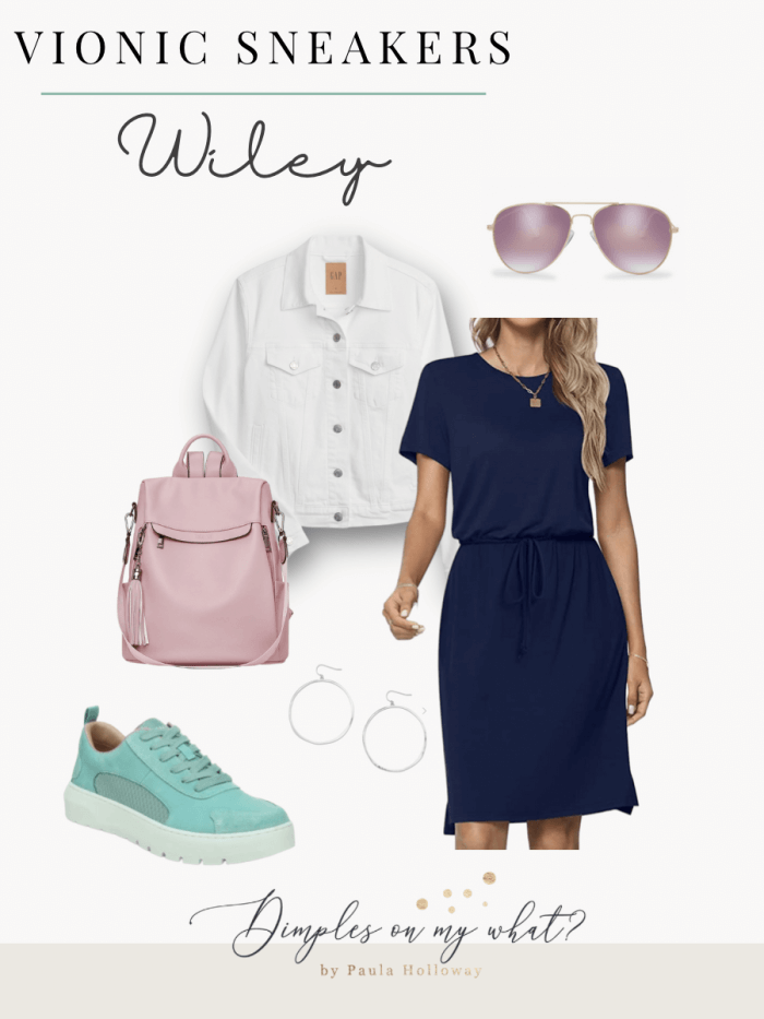 8 outfit ideas for women for how to wear turquoise sneakers. #vionicshoes #inmyvionics #vionicwileywasabi #howtowearturquoisesneakers #whattowearwithturquoiseshoes