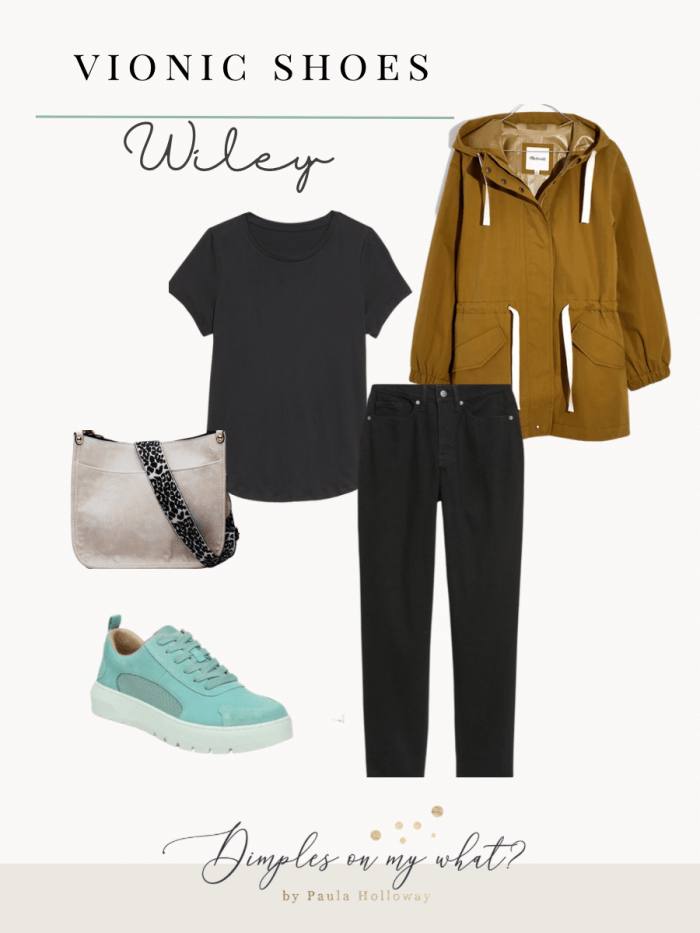 Here are 8 outfit ideas for how to wear turquoise sneakers. #vionicshoes #inmyvionics #vionicwileywasabi #howtowearturquoisesneakers #whattowearwithturquoiseshoes