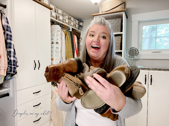 The best shoe and boot storage solution for small closets start with having only shoes that you actually wear then a few simple tools will allow you to have a seasonal shoe closet and no clutter. #howtostoretallboots #smallclosetorganization #smallclosetstoragesolutions #shoestorage
