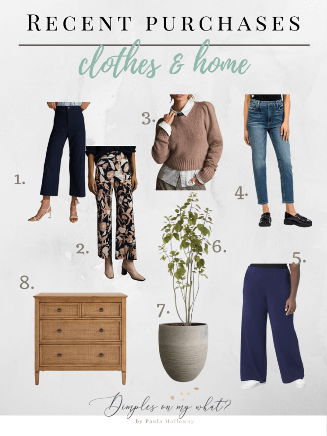 What I bought the last week of December 2022 - Plus Size wide leg pants. Midsize denim - girlfriend jeans. Small dress and a faux plant.