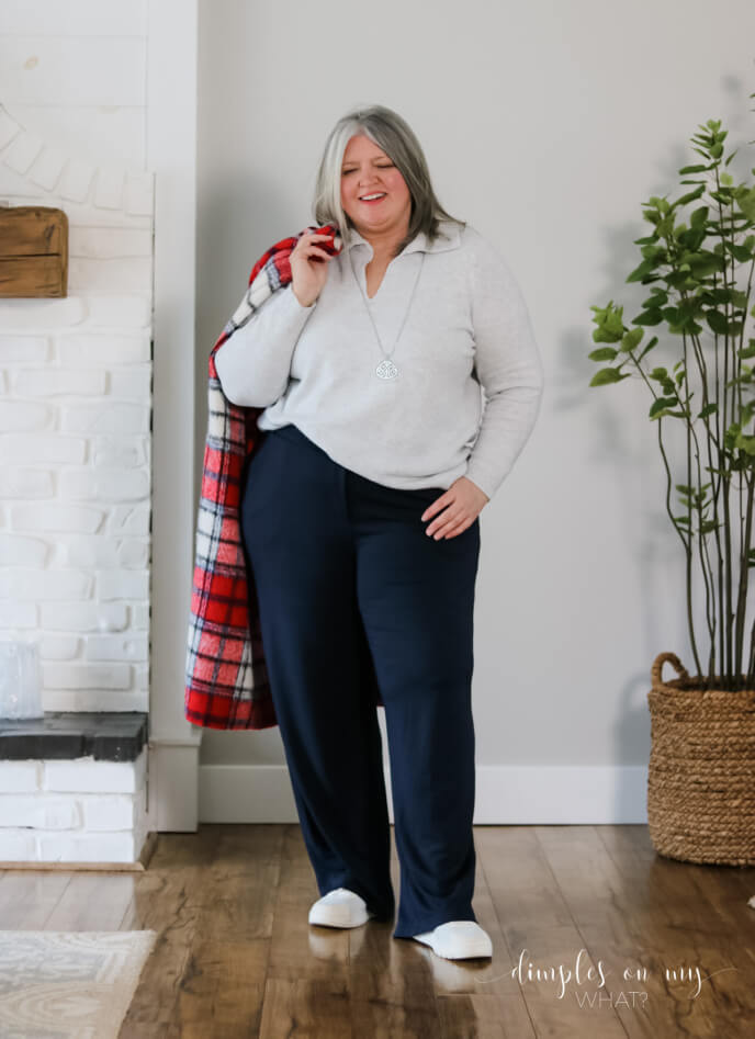 Here's cozy chic done right for the mature girl. Come see how this translates on a mature plus size woman. Cozy Chic for the Mature Plus Sized Woman #plussize #plussizeover50 #plussizematurefashion #over50