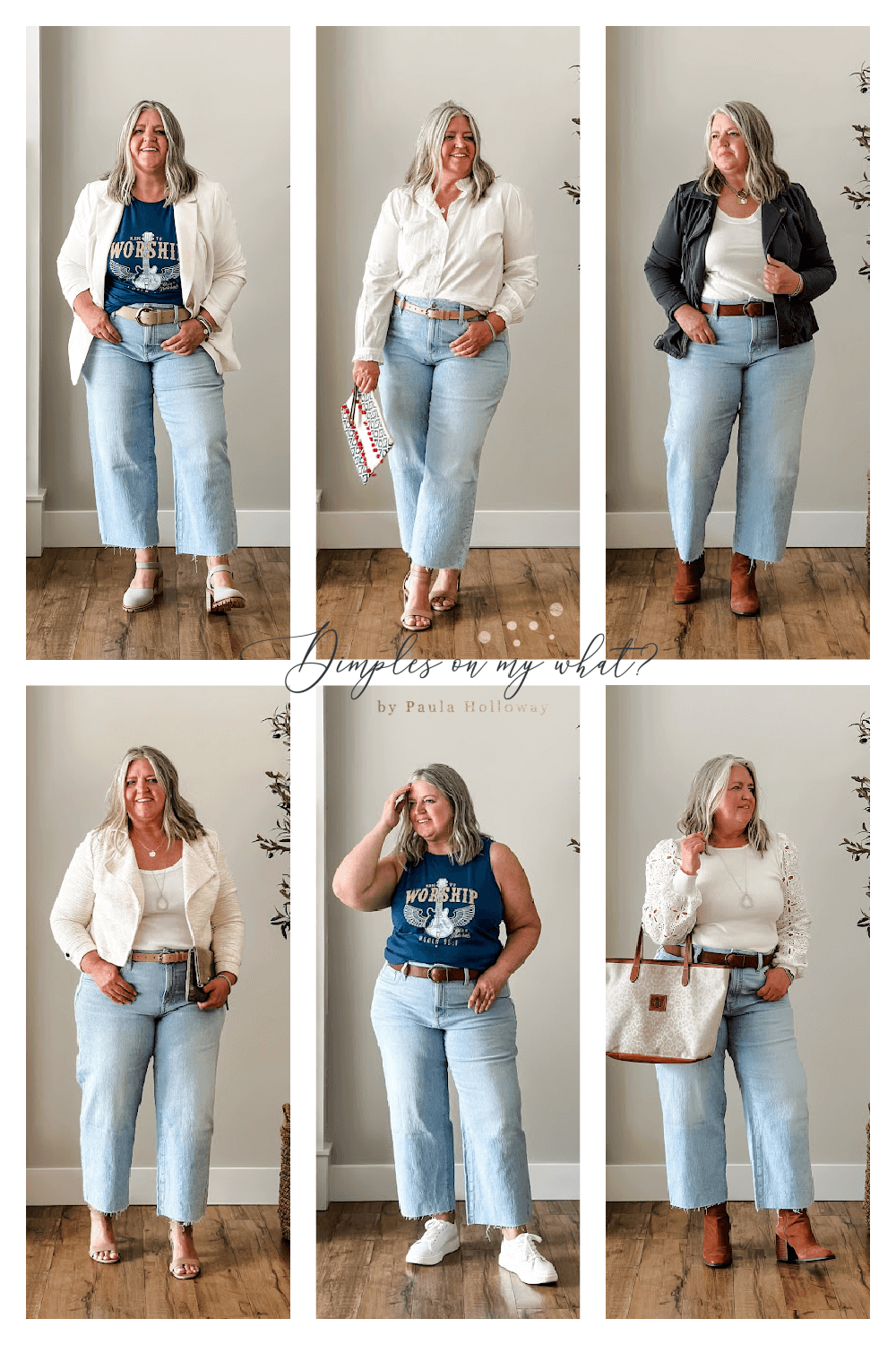 How to style plus-size cropped wide-leg jeans six ways. You can never go wrong with jeans and a classic white shirt regardless of your size. #plussize #plussizefashion #plussizeover50fashion #plussizeoutfitinspiration #plussizejeans #plussizecasualfashion #plussizefalloutfitideas #plussizesummeroutfitideas #plussizedatenightoutfitideas #coolplussizeoutfitideas