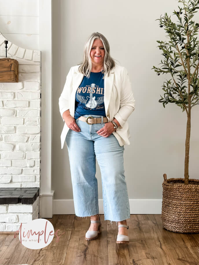 Styling plus-size cropped wide-leg jeans six ways. Keeping the cropped wide leg jeans casual and cool with a graphic tank, blazer, and lug soul Mary-Janes. #plussize #plussizefashion #plussizeover50fashion #plussizeoutfitinspiration #plussizejeans #plussizecasualfashion