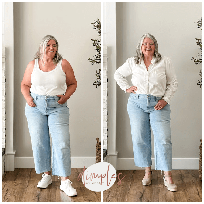 Wide-leg jeans can be flattering for plus-size women and I've found four pairs that are well worth a try-on and I'm sharing three styling tips for how to make them work for curvy figures. #plussize #widelegjeans #plussizewidelegjean #plussizefashion #plussizeover50 #size18W #howtostyleplussizewidelegjeans