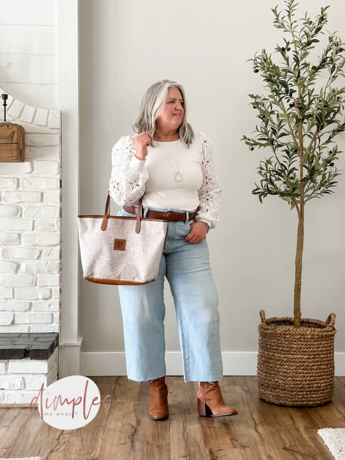 Styling plus-size cropped wide-leg jeans six ways. These cropped wide leg jeans will great in the fall with a sweater and booties. #plussize #plussizefashion #plussizeover50fashion #plussizeoutfitinspiration #plussizejeans #plussizecasualfashion #plussizefalloutfitideas