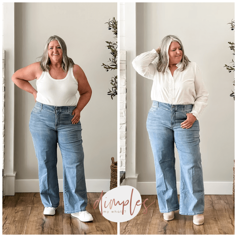 Wide-leg jeans can be flattering for plus-size women and I've found four pairs that are well worth a try-on and I'm sharing three styling tips for how to make them work for curvy figures. #plussize #widelegjeans #plussizewidelegjean #plussizefashion #plussizeover50 #size18W #howtostyleplussizewidelegjeans