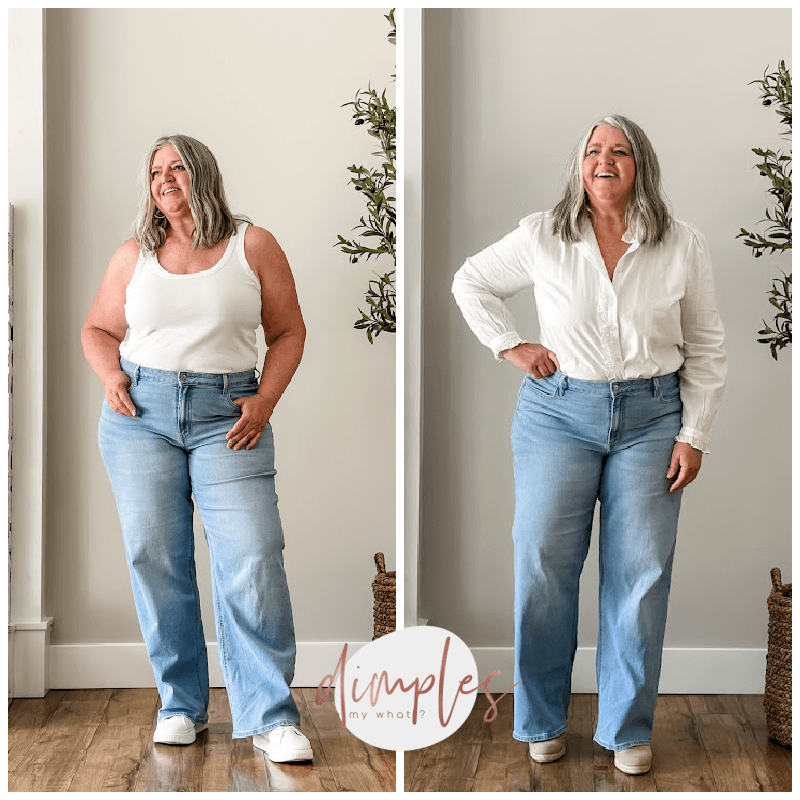 Wide-leg jeans can be flattering for plus-size women and I've found four pairs that are well worth a try-on and I'm sharing three styling tips for how to make them work for curvy figures. #plussize #widelegjeans #plussizewidelegjean #plussizefashion #plussizeover50 #size18W #howtostyleplussizewidelegjeans