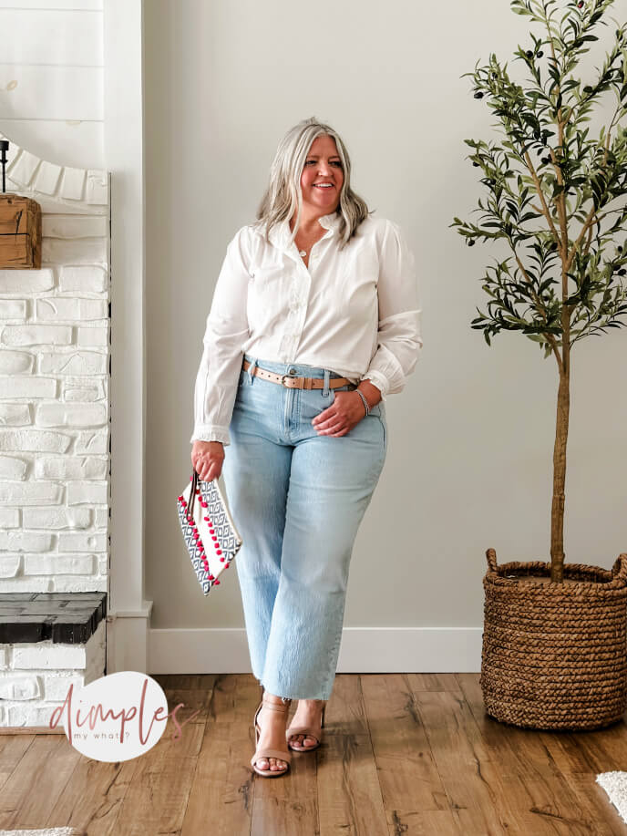 How to style plus-size cropped wide-leg jeans six ways. You can never go wrong with jeans and a classic white shirt regardless of your size. #plussize #plussizefashion #plussizeover50fashion #plussizeoutfitinspiration #plussizejeans #plussizecasualfashion #plussizefalloutfitideas