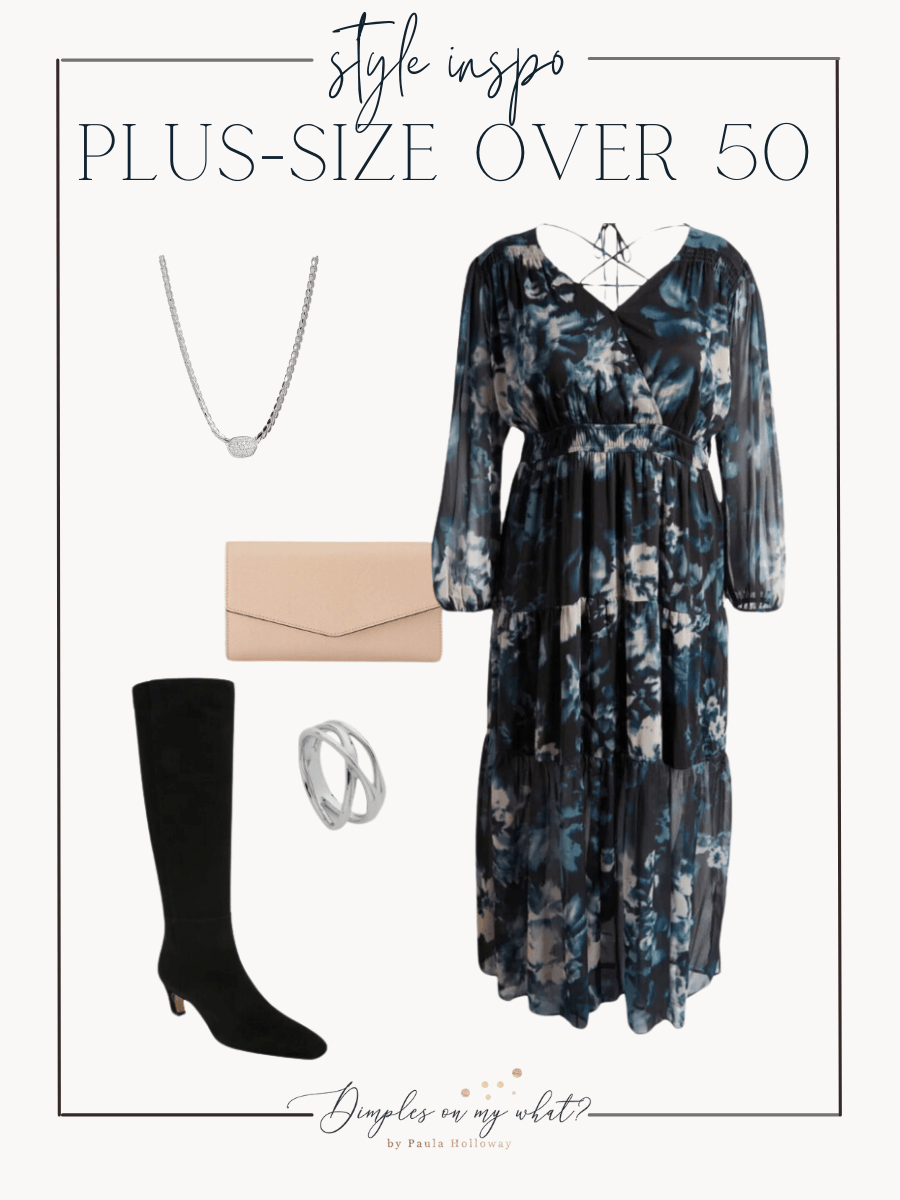 A plus-size floral dress and wide-calf boots head up this perfect, feminine plus-size fall outfit. You could alternately wear with a closed-toe pump but definitely carry the pretty tan clutch from the Nordstrom Anniversary Sale and get ready for compliments. #plussizefashion #plussizedresses #plussizefall #plussizeoutfitideas #plussizedressoutfitidea #nsale #nordstrom #over50fashion #over50outfitideas #over50casualoutfit #plussizeweddingguestdress #plussizefallweddingguestdress #over50weddingguestdress #over50fallweddingguestdress