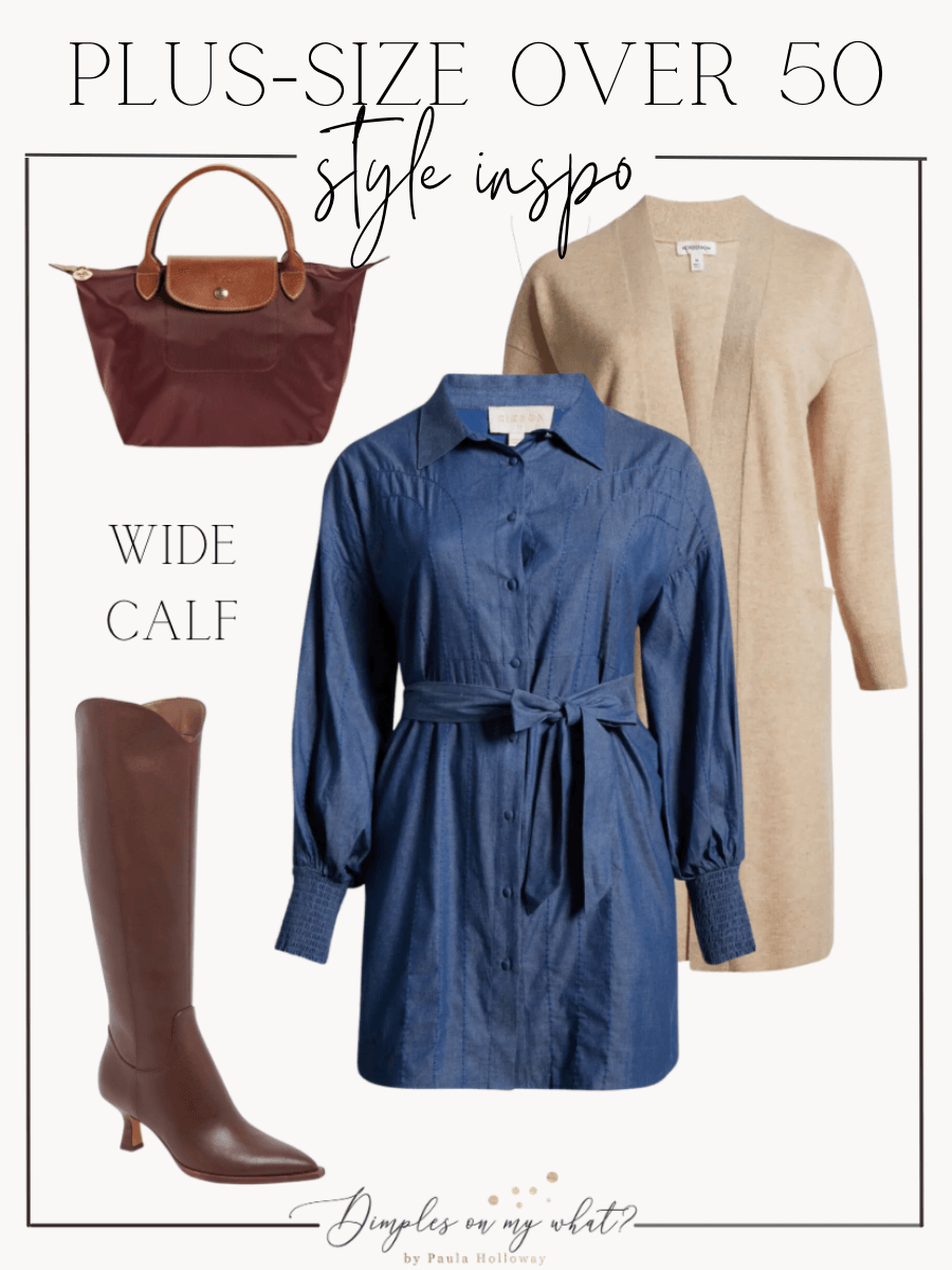 A plus-size denim dress and wide-calf boots head up this perfect, elevated casual plus-size fall outfit. Add a plus-size longliine cardigan from the Nordstrom Anniversary Sale and you're get ready for compliments. #plussizefashion #plussizeloungewear #plussizefall #plussizeoutfitideas #plussizedenimdressoutfitidea #nsale #nordstrom #over50fashion #over50outfitideas #over50casualoutfit