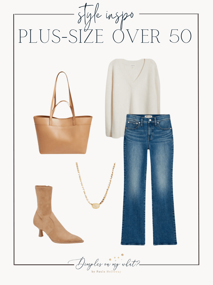 A plus-Size elevated casual fall outfit for running errand or lunch with the girls. Casual plus-Size outfits don't have to be frumpy with these elevated basics, including trendy cropped lkick-flare jeans from the Nordstrom Anniversary Sale. #plussizefashion #plussizeloungewear #plussizefall #plussizeoutfitideas #plussizejeans #nsale #nordstrom #over50fashion #over50outfitideas #over50casualoutfit