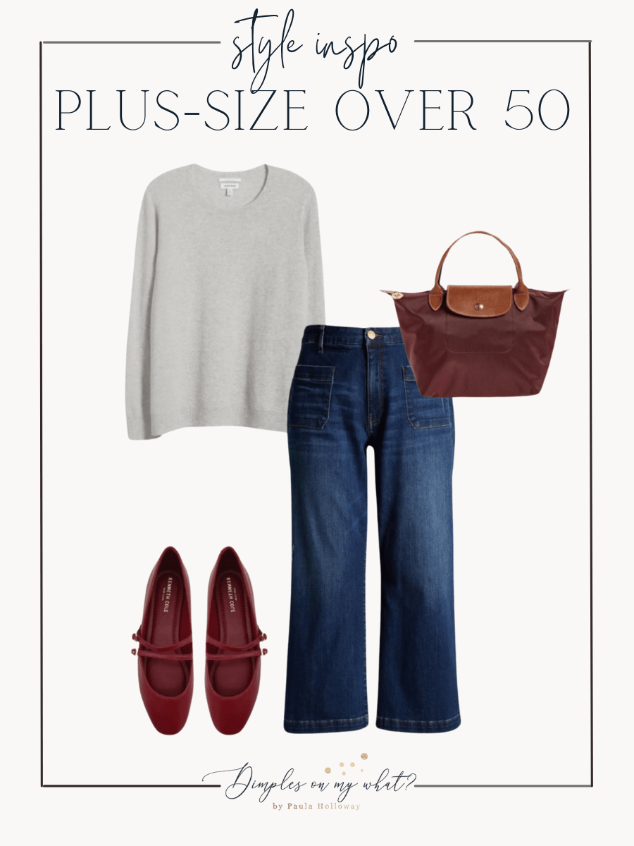 A plus-Size elevated casual fall outfit for running errand or lunch with the girls. Casual plus-Size outfits don't have to be frumpy with these elevated basics, including trendy plus-size wide leg cropped jeans from the Nordstrom Anniversary Sale. #plussizefashion #plussizeloungewear #plussizefall #plussizeoutfitideas #plussizejeans #nsale #nordstrom #over50fashion #over50outfitideas #over50casualoutfit