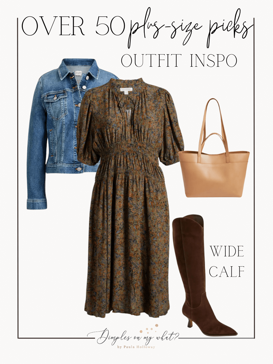 A plus-size floral dress and wide-calf boots head up this perfect, elevated casual plus-size fall outfit. Add a favorite plus-size denim jacket and gorgeous leather tote from the Nordstrom Anniversary Sale and you're get ready for compliments. #plussizefashion #plussizeloungewear #plussizefall #plussizeoutfitideas #plussizedressoutfitidea #nsale #nordstrom #over50fashion #over50outfitideas #over50casualoutfit