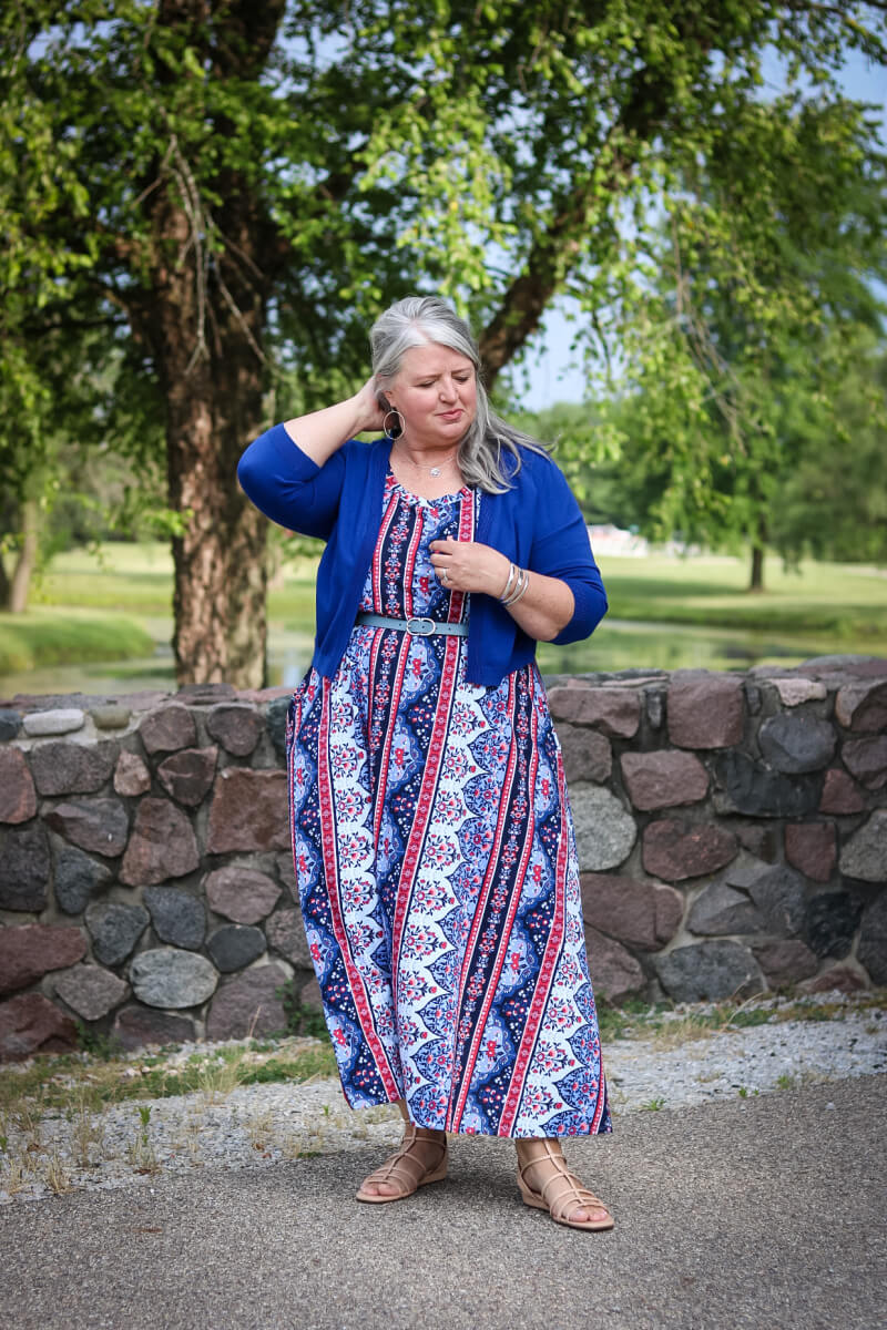 Do you have a dress you love, but it's outdated and frumpy? Here are seven outfit ideas for how to update a frumpy dress on a plus-size body. #plussize #outfitideas #fashion #over50fashion #plussizeover50 #styleover50 #casualplussizefashion #summerplussizeoutfitideas