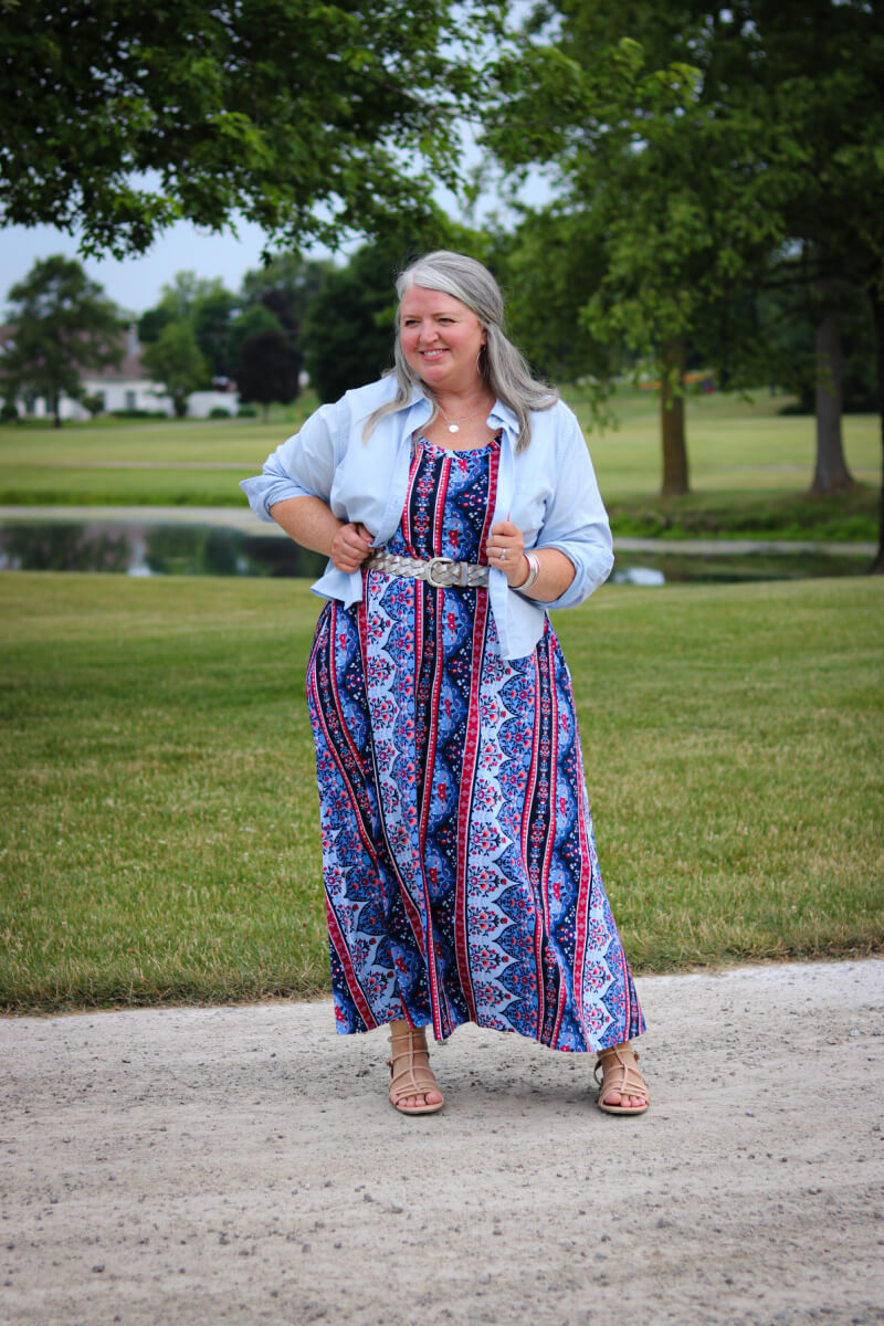 Do you have a dress you love, but it's outdated and frumpy? Here are seven outfit ideas for how to update a frumpy dress on a plus-size body. #plussize #outfitideas #fashion #over50fashion #plussizeover50 #styleover50 #casualplussizefashion #summerplussizeoutfitideas