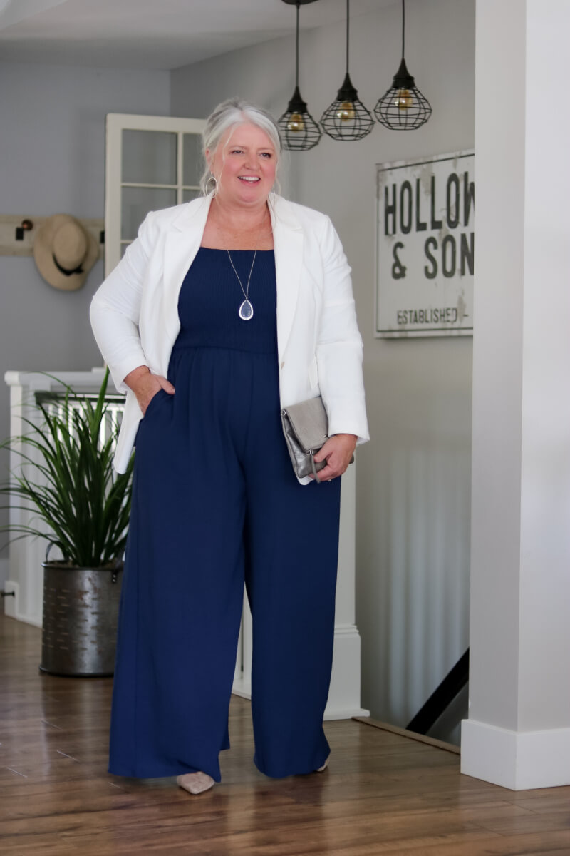 Style this affordable plus-size jumpsuit 5 ways. #plussizeover50 #plussize #plussizeoutfitideas #plussizejumpsuit #plussizeholidayoutfits #plussizeweddingguest #plussizemotherofthebride #plussizemotherofthegroom #over50weddingguest #over50outfitideas